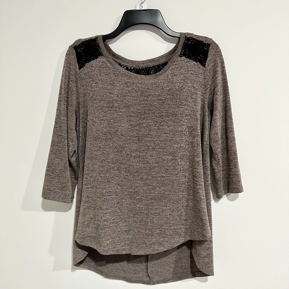 🌺Women Style & Co Brown 3/4 Sleeves Black Crochet High-Low Tunics Size S